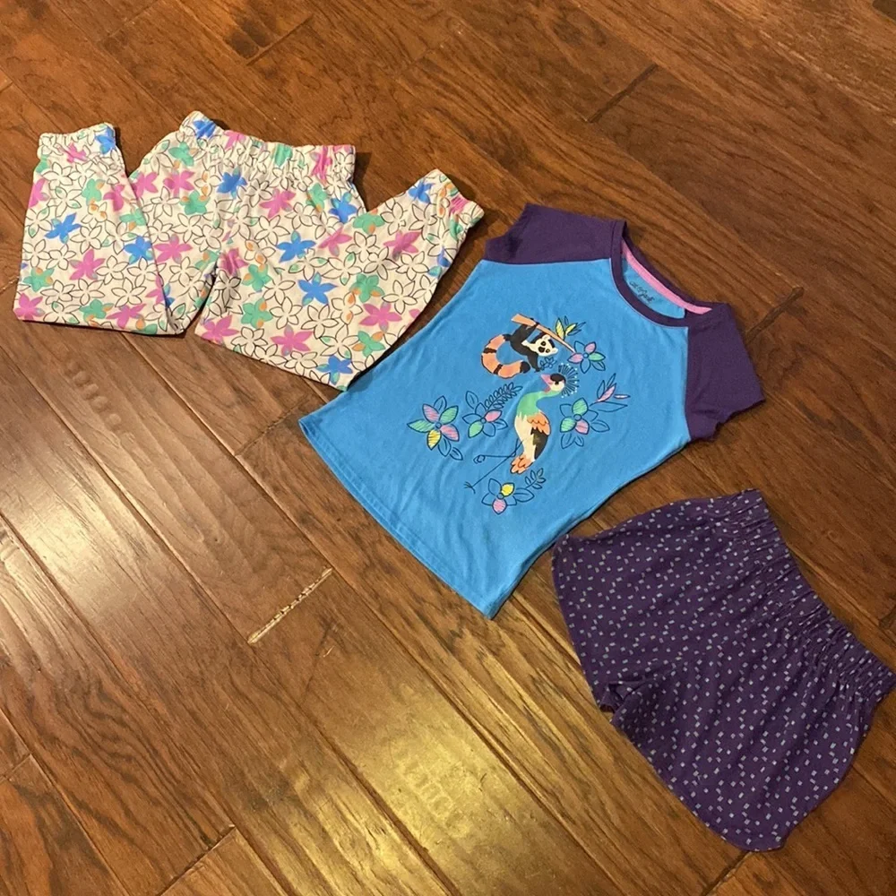 Cat & Jack pajama set shirt shorts & long pants blue purple & white floral Small